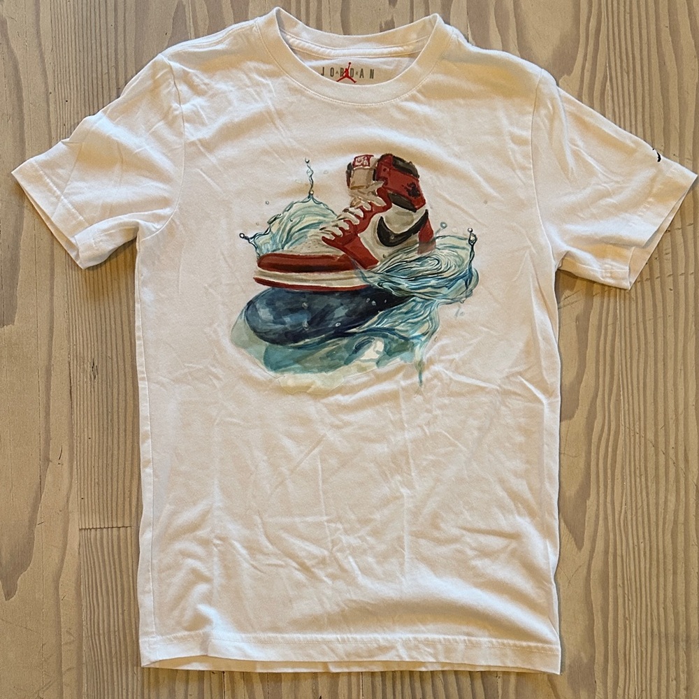 Jordan White Tee with Red & Blue Sneaker Graphic
